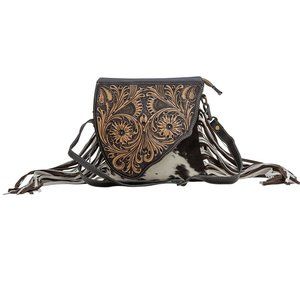 Tooled Leather Concealed Carry Bag-Myra Bag Hair-On Leather Fringed Shoulder Bag